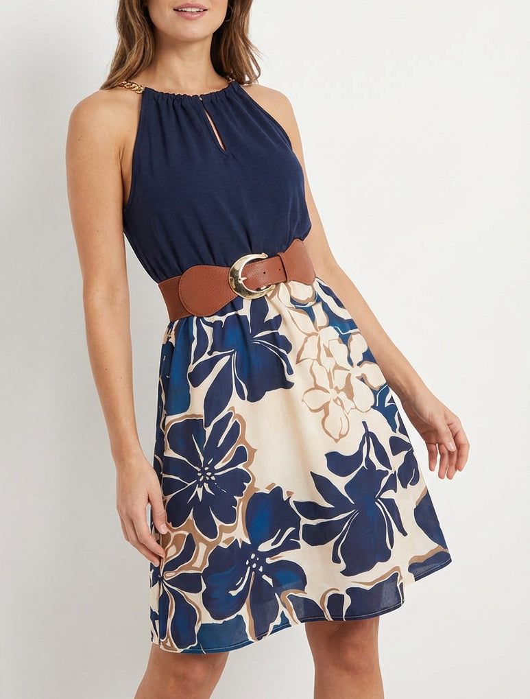 Jurk met kettingbandjes grote bloemenprint - Marine