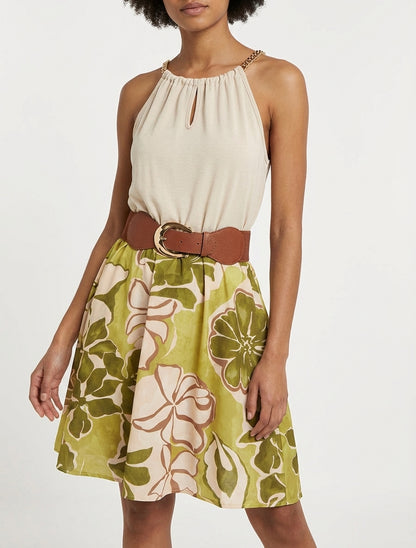 Jurk met kettingbandjes grote bloemenprint - Olijfgroen