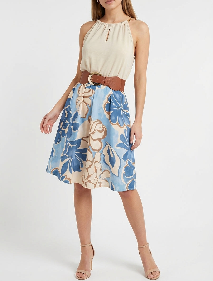 Jurk met kettingbandjes grote bloemenprint - Lichtblauw