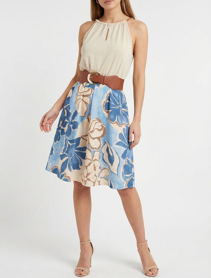 Jurk met kettingbandjes grote bloemenprint - Lichtblauw