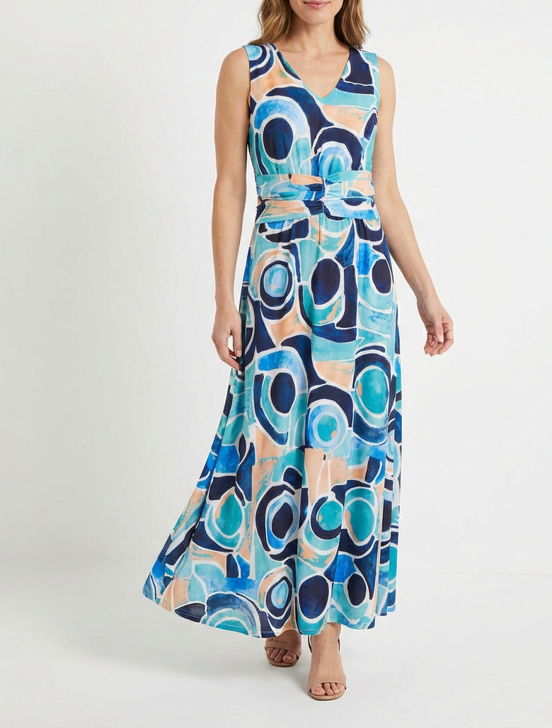 Jurk met abstracte print en elastische taille - Marine