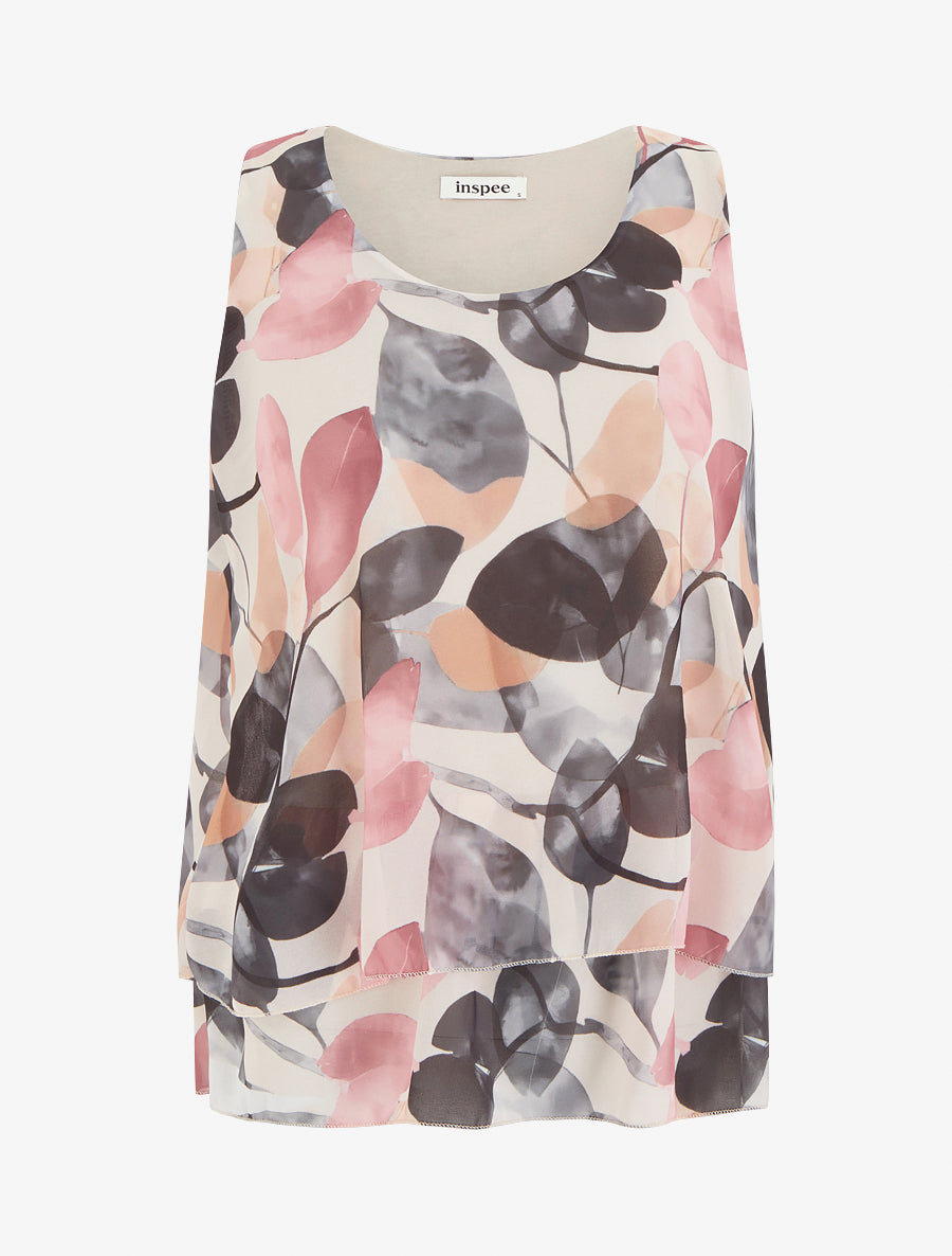 Top imprimé feuilles à bords volantés - Noir - 1