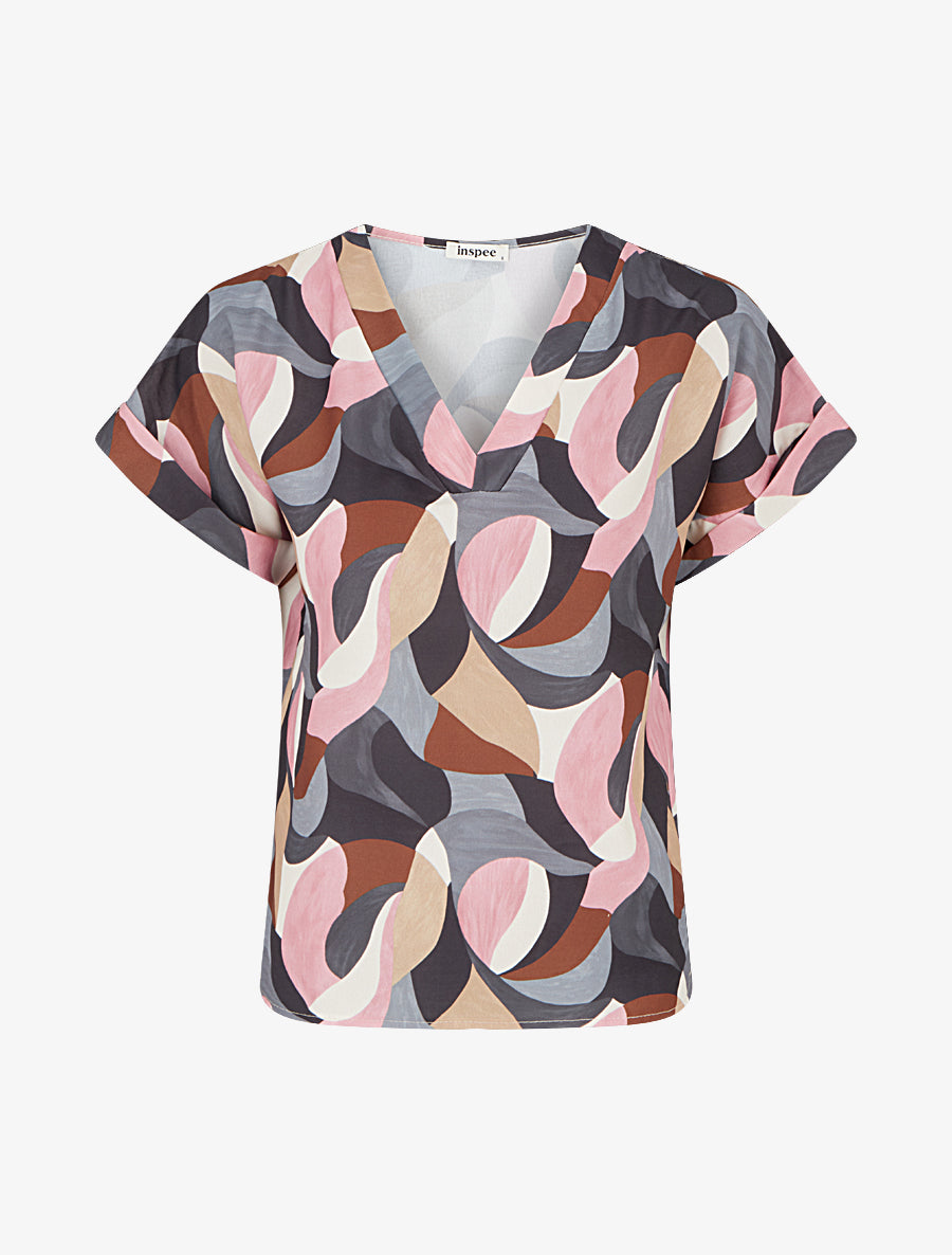 Top imprimé abstrait à manches courtes - Noir - 1