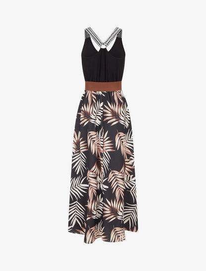 Robe longue imprimé feuillage - Noir - 2