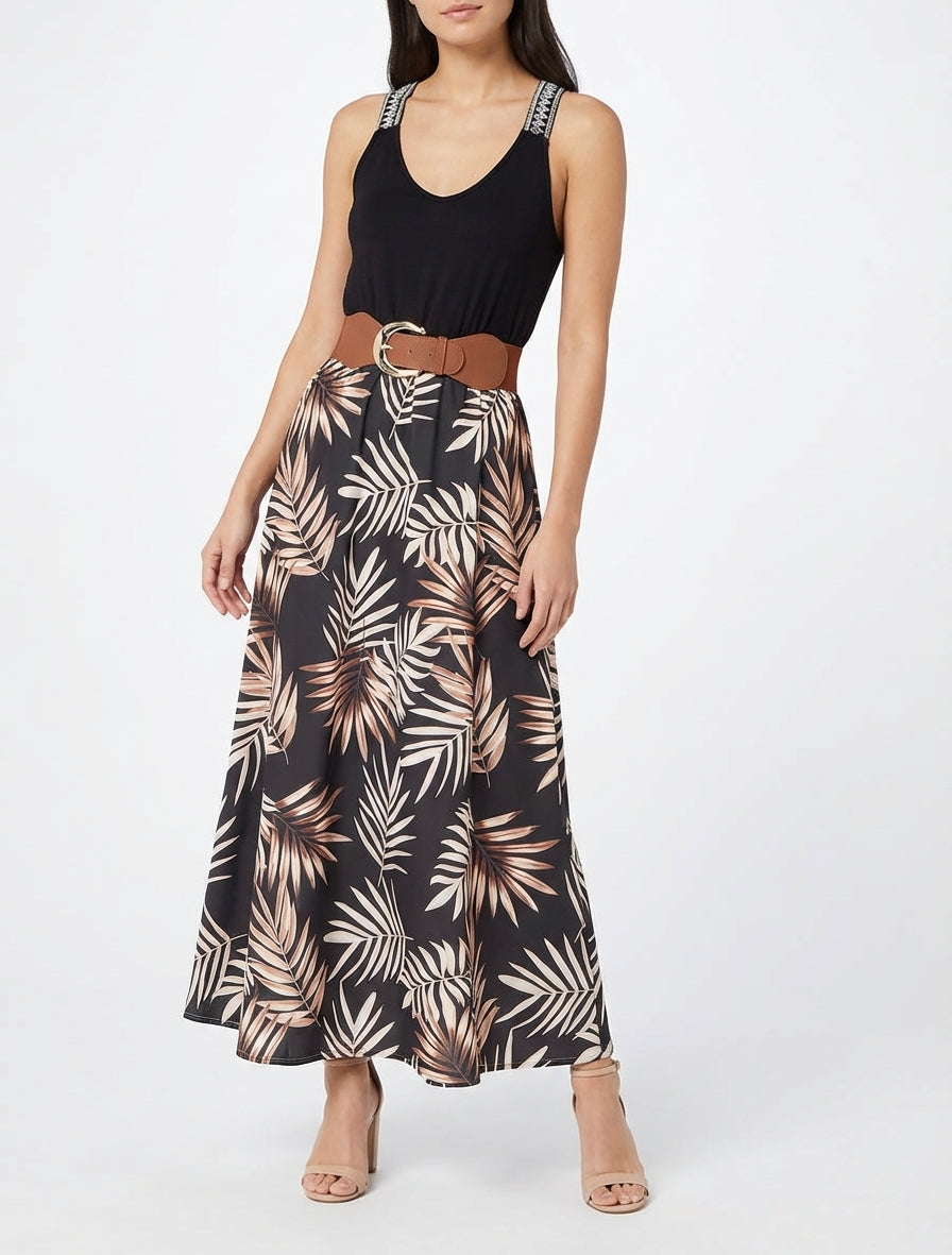 Lange jurk met bladeraandruk. - Zwart