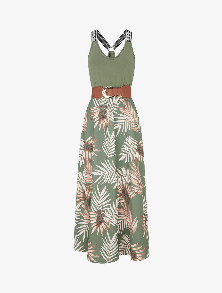 Robe longue imprimé feuillage - Kaki - 1