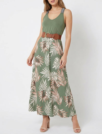 Lange jurk met bladeraandruk. - Kaki