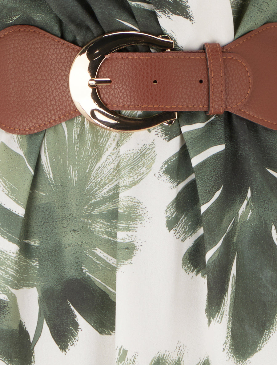 Robe longue manches courtes imprimé feuillage - Kaki - 3