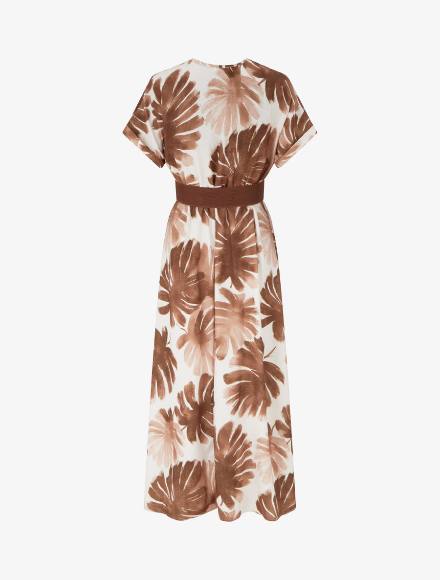 Robe longue manches courtes imprimé feuillage - Marron - 2
