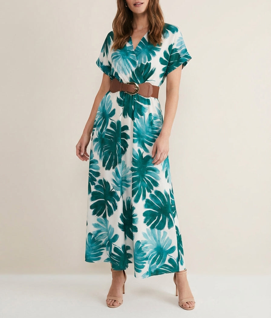 Lange jurk met korte mouwen en bladprint - Donkergroen