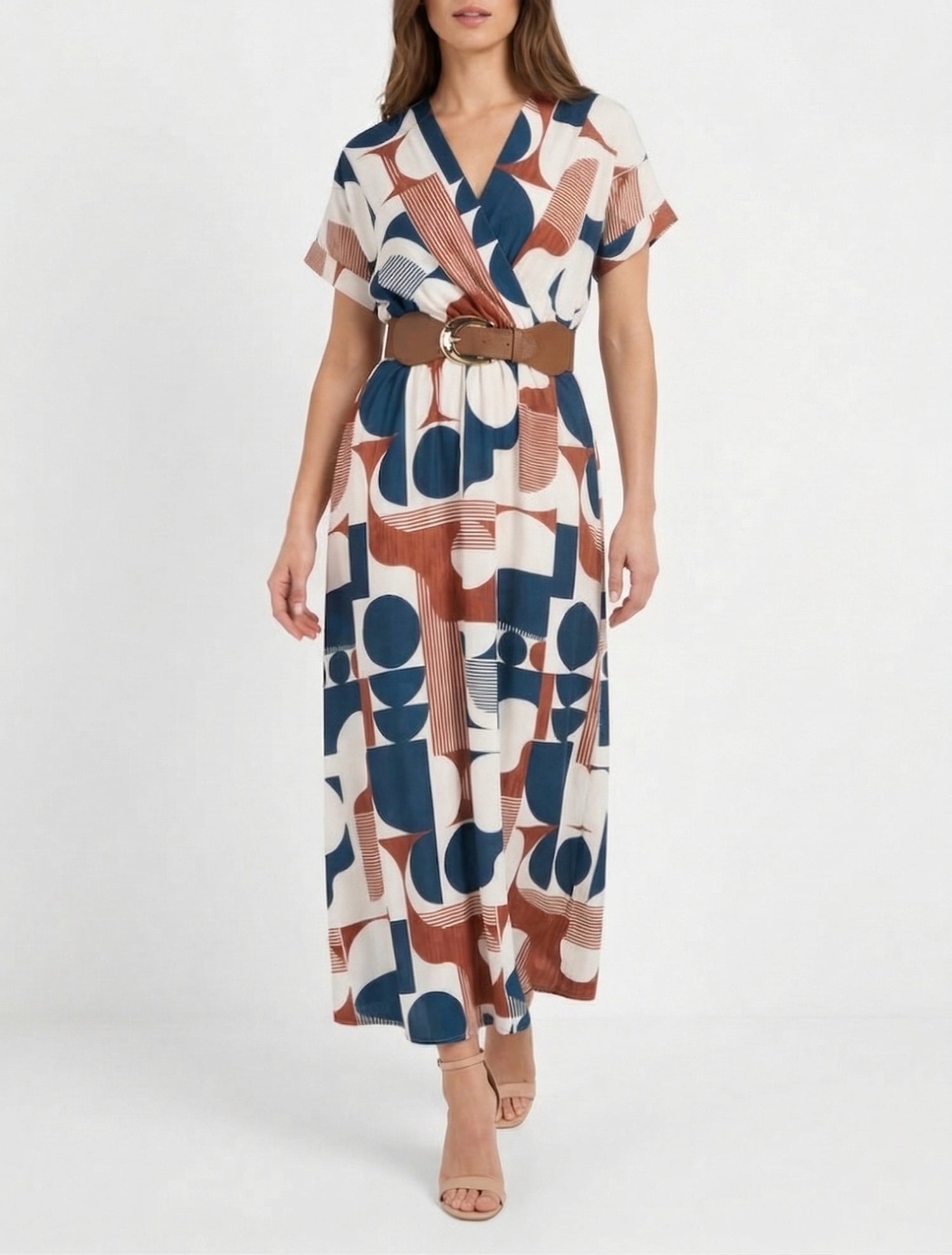 Lange jurk met korte mouwen en grafische print - Eendenblauw