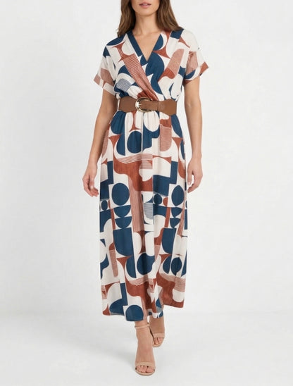Lange jurk met korte mouwen en grafische print - Eendenblauw