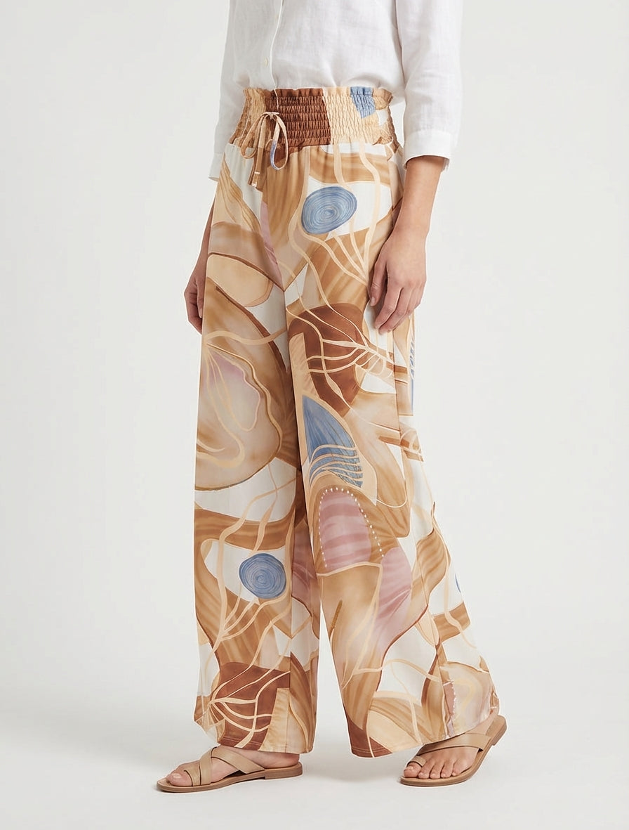 Abstracte printbroek met elastische tailleband - Kameel