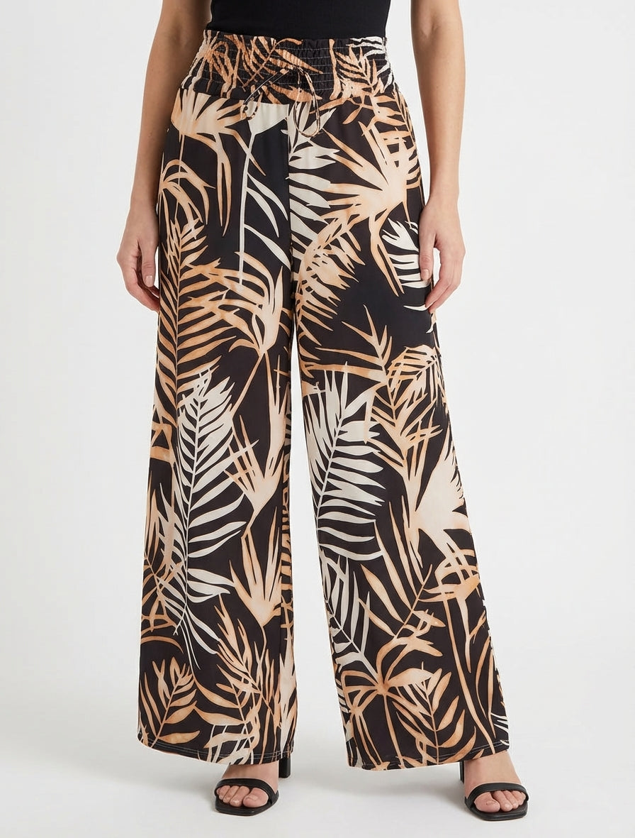 Broek met bladprint en elastische tailleband - Zwart