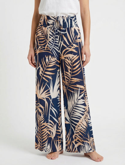 Broek met bladprint en elastische tailleband - Marine