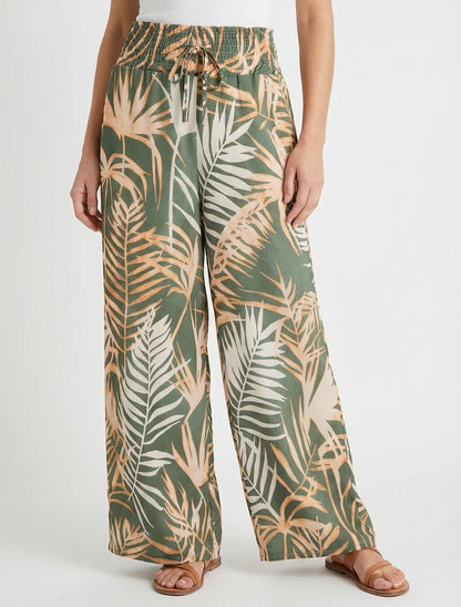 Broek met bladprint en elastische tailleband - Kaki