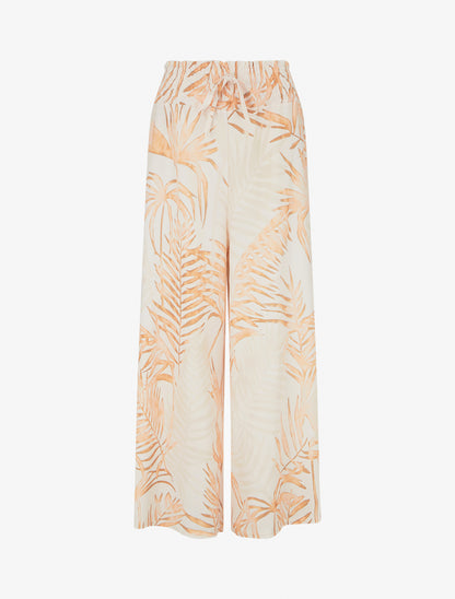 Pantalon imprimé feuillage à taille élastiquée - Beige - 1