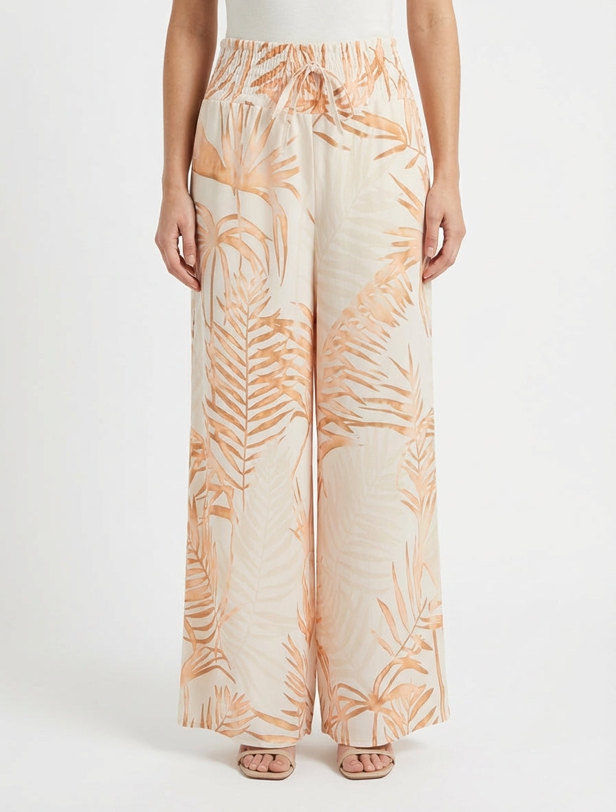 Broek met bladprint en elastische tailleband - Beige