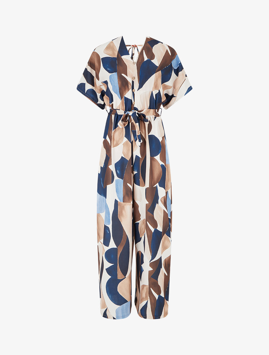 Combinaison imprimé abstrait à taille élastiquée - Marine - 1