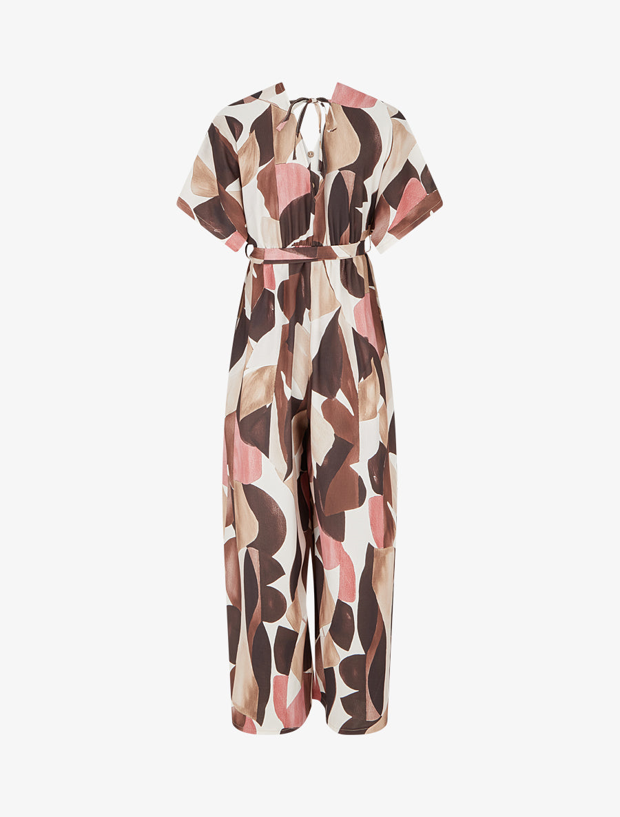 Combinaison imprimé abstrait à taille élastiquée - Marron - 2