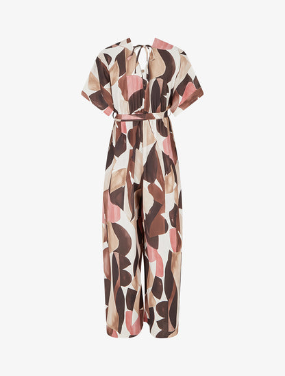 Combinaison imprimé abstrait à taille élastiquée - Marron - 2