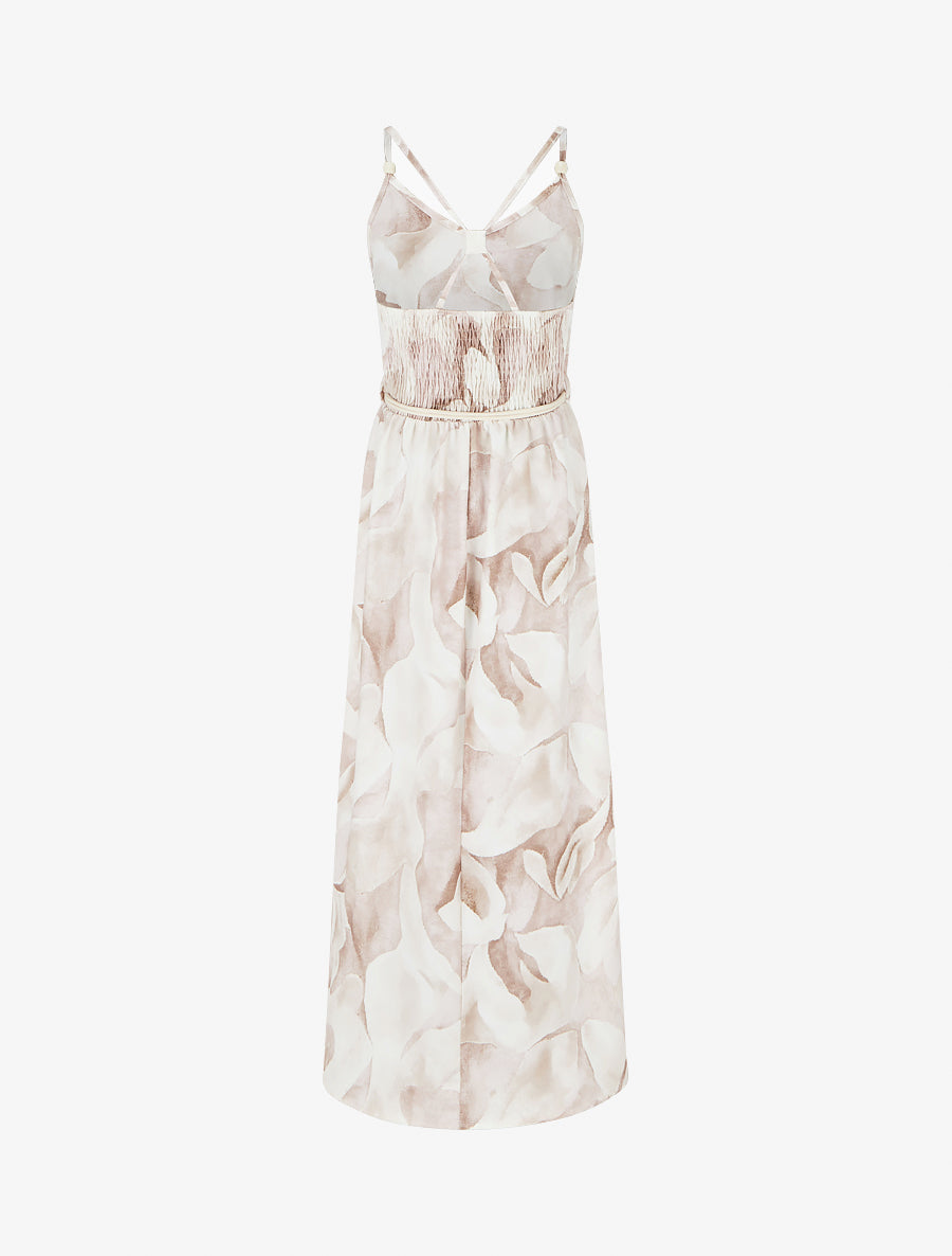 Robe longue imprimé floral à taille élastiquée - Beige - 2