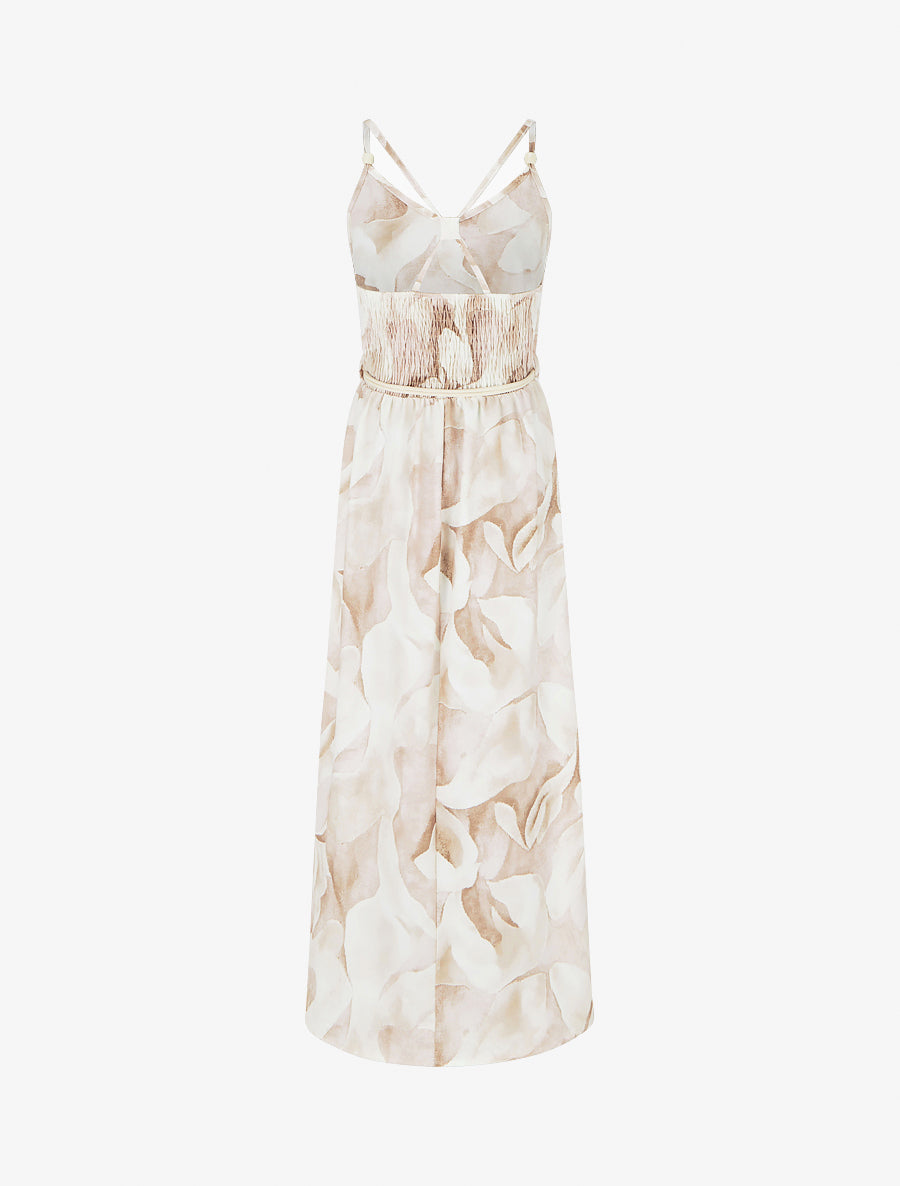 Lange jurk met bloemenprint en elastische taille - Beige