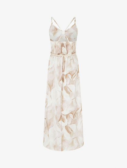Lange jurk met bloemenprint en elastische taille - Beige