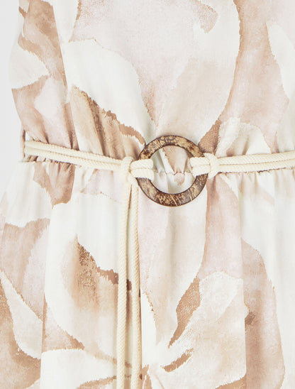 Lange jurk met bloemenprint en elastische taille - Beige