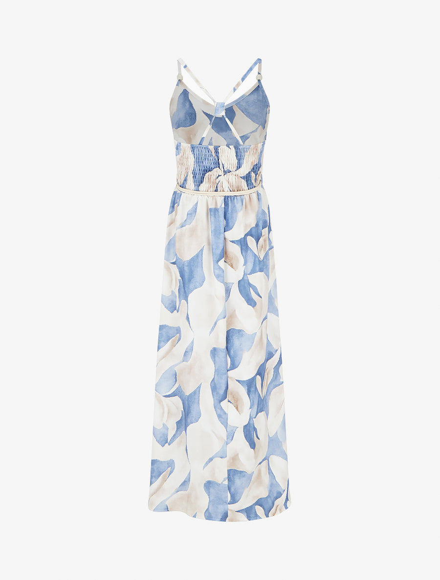 Robe longue imprimé floral à taille élastiquée - Bleu - 2
