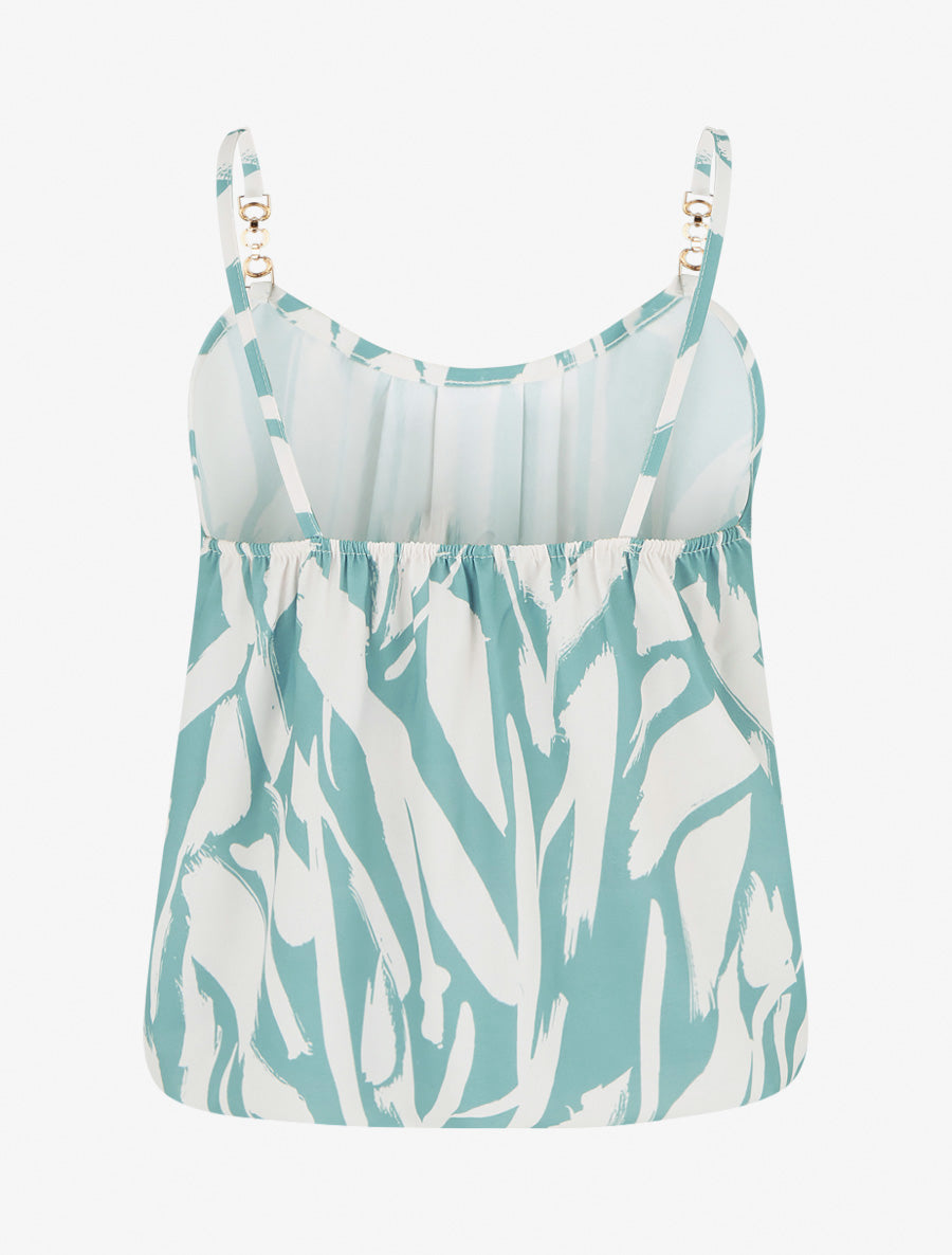 Grafisch bedrukt hemdje met sierlijke bandjes - Watergroen