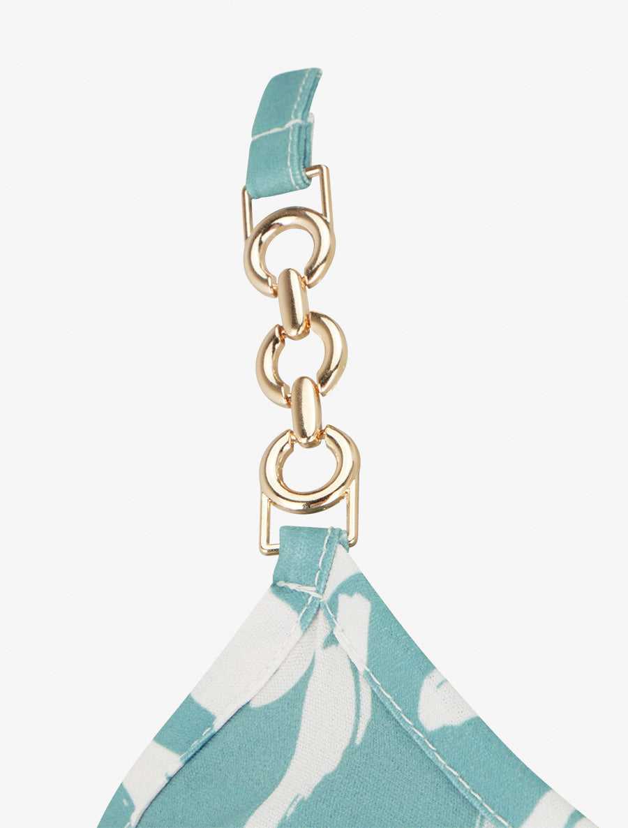 Grafisch bedrukt hemdje met sierlijke bandjes - Watergroen