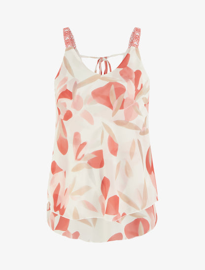 Caraco imprimé feuillages à bretelles brodées - Corail - 1