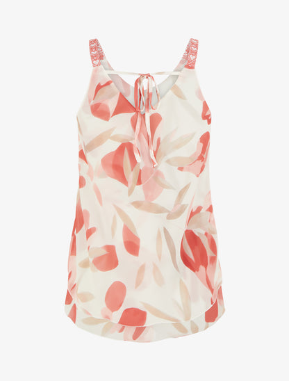 Caraco imprimé feuillages à bretelles brodées - Corail - 2