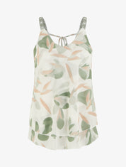 Caraco imprimé feuillages à bretelles brodées - Kaki - 1