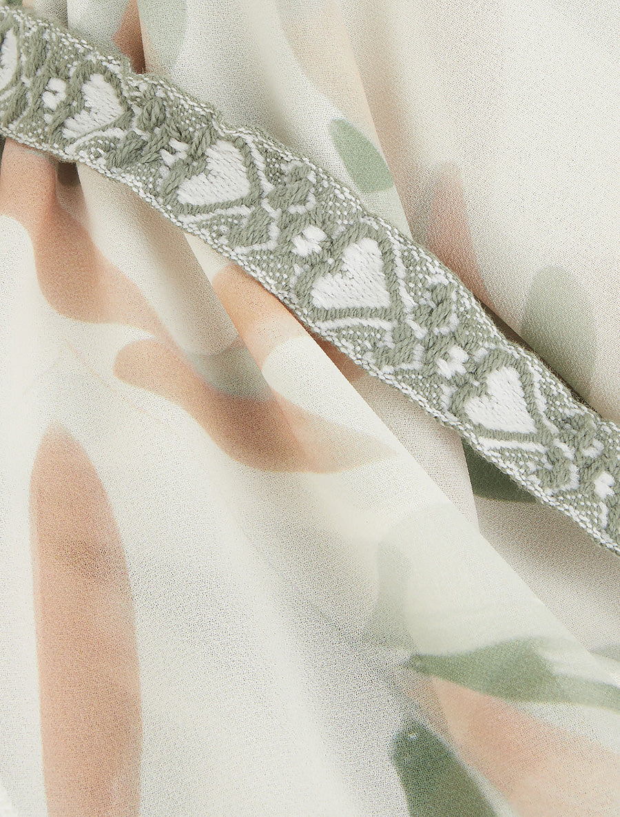 Caraco imprimé feuillages à bretelles brodées - Kaki - 3