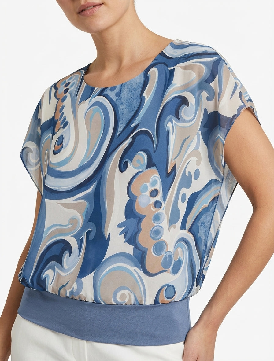 Rechtermouwloos top met korte mouwen en arabeskenprint. - Donkerblauw