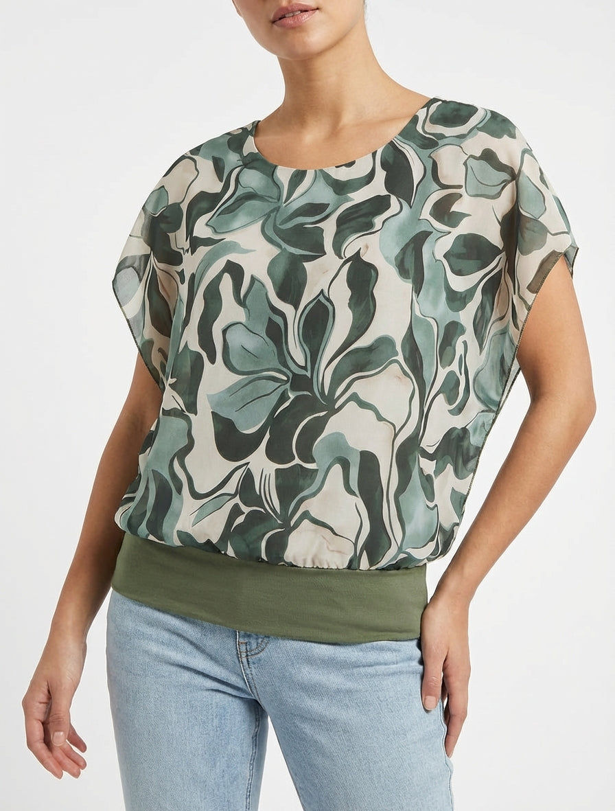 Rechtboven top met korte mouwen en bloemenprint - Kaki