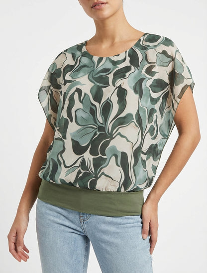 Rechtboven top met korte mouwen en bloemenprint - Kaki