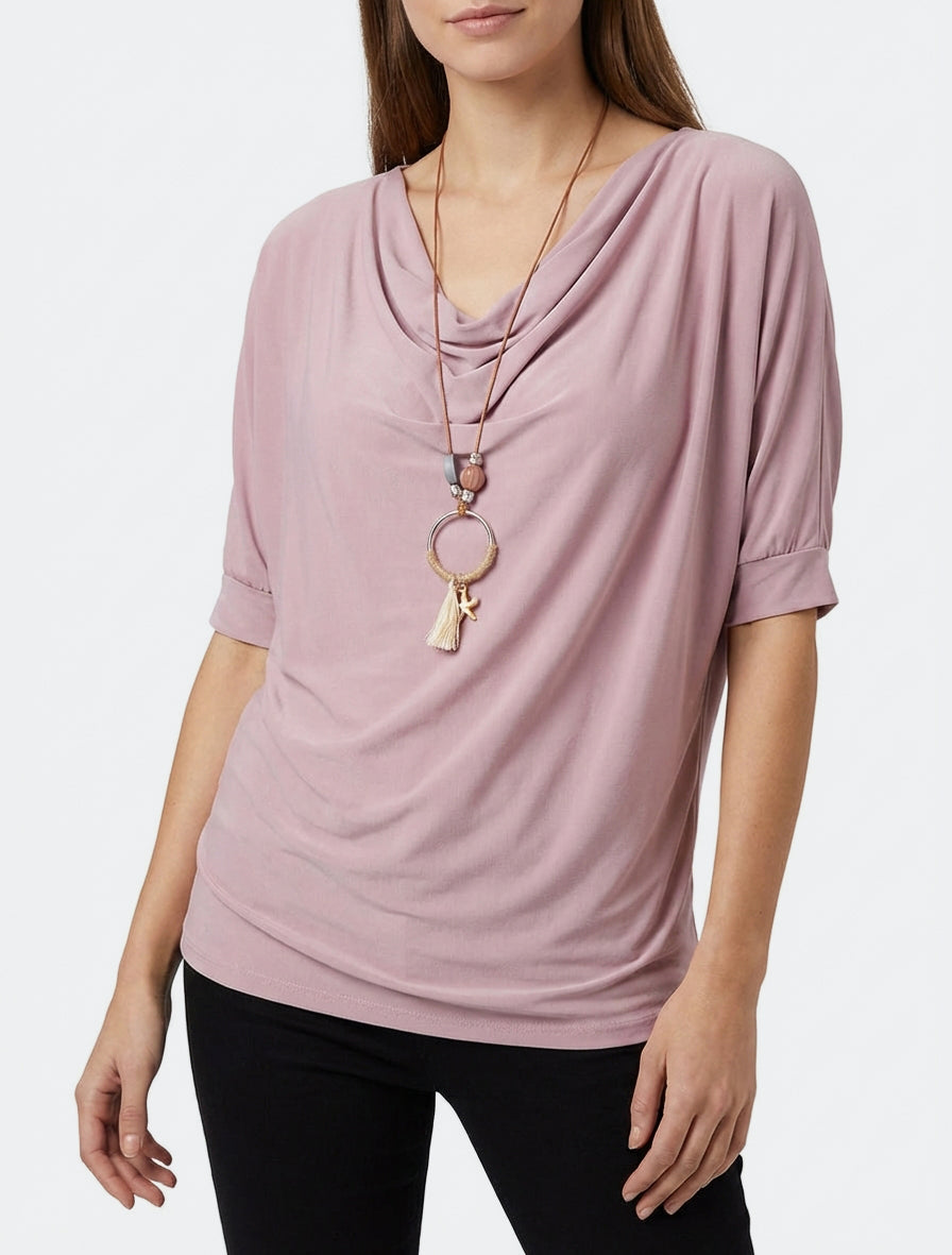 Vloeiende top met watervalhals. - Oudroze