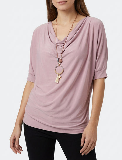 Vloeiende top met watervalhals. - Oudroze