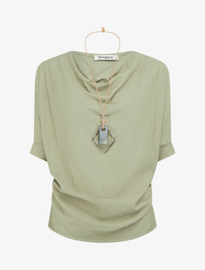Top manches courtes effet lin à col bénitier - Vert olive - 1