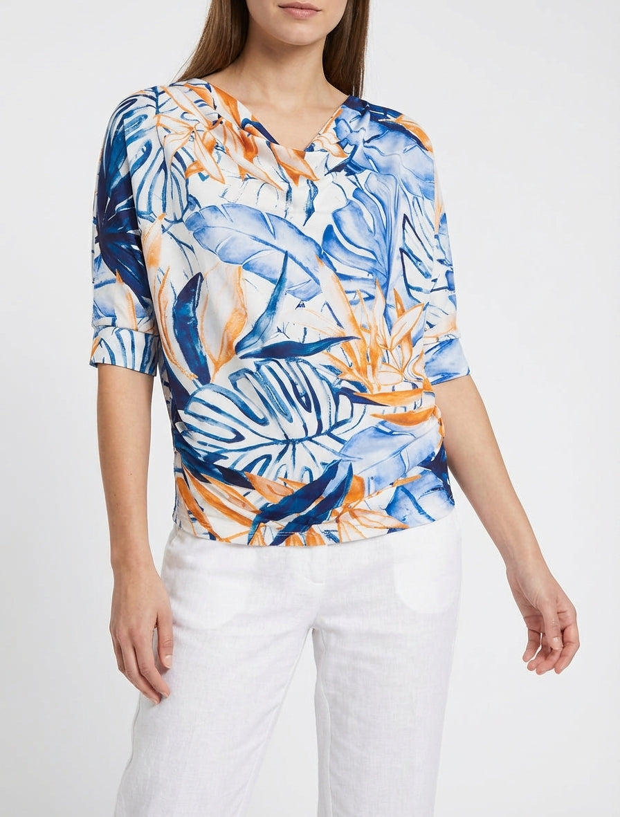 Top tropisch met 3/4 mouwen en geplooid effect - Marine