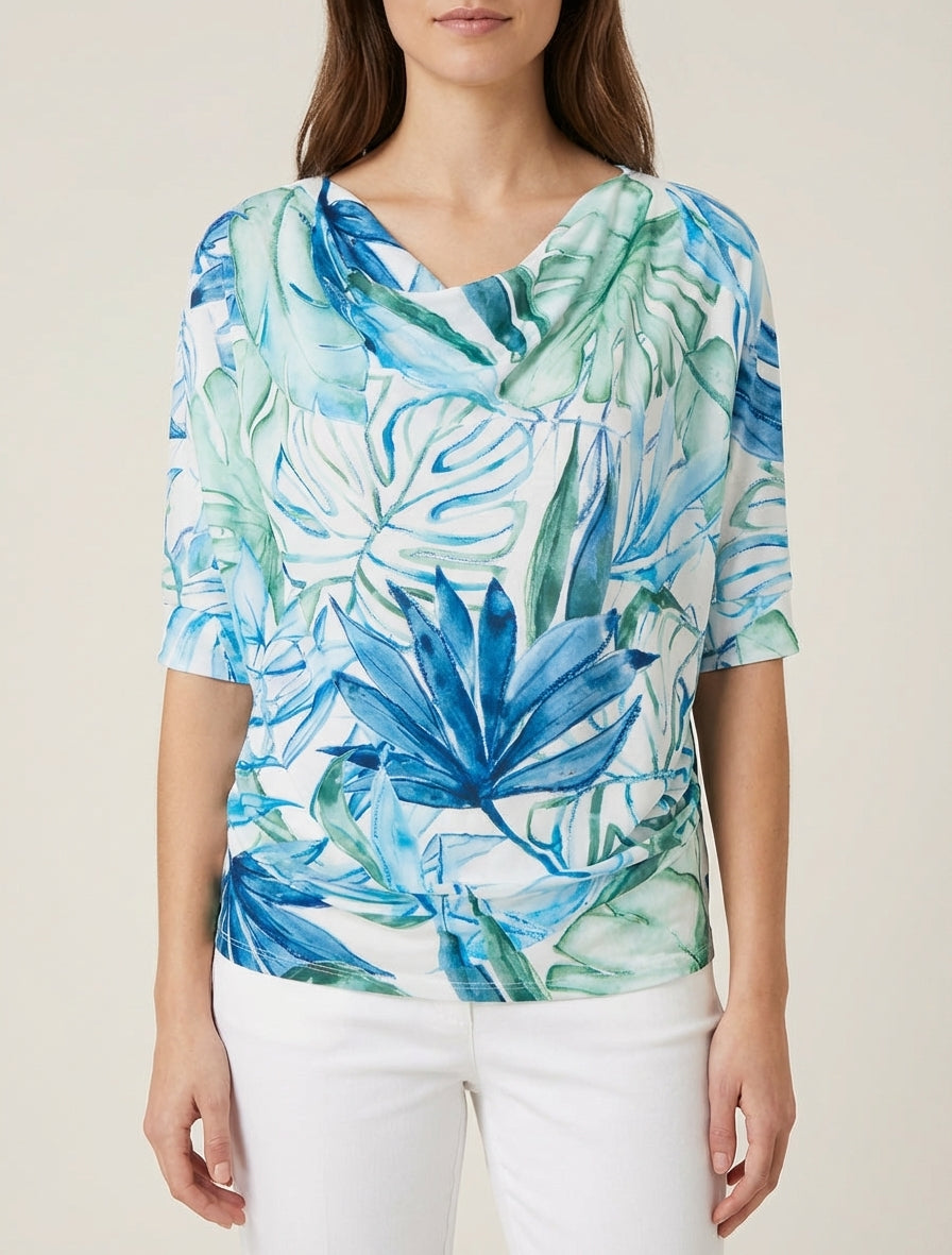 Top tropisch met 3/4 mouwen en geplooid effect - Blauw