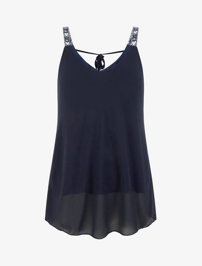 Caraco en voile à bretelles motif coeur - Marine - 1