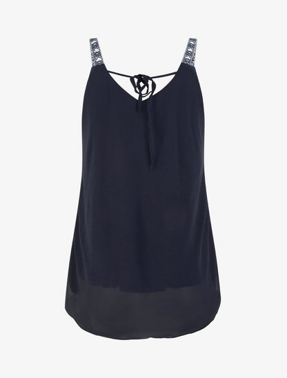 Caraco en voile à bretelles motif coeur - Marine - 2