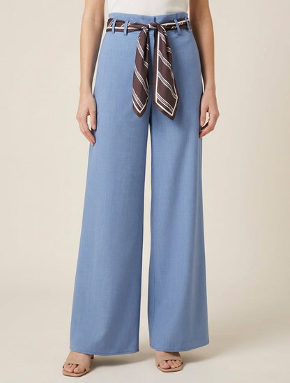 Wijde broek met sjaalstijl riem - Lichtblauw