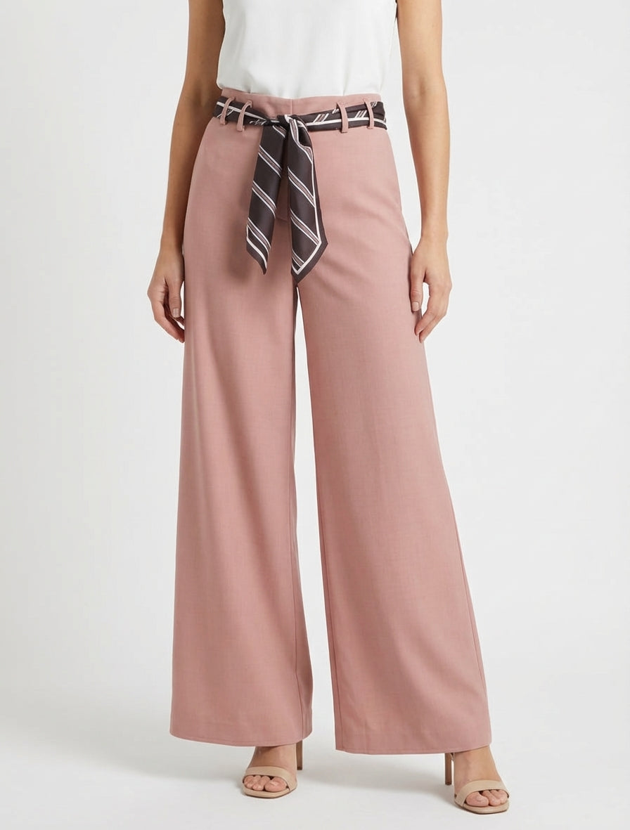 Wijde broek met sjaalstijl riem - Roos