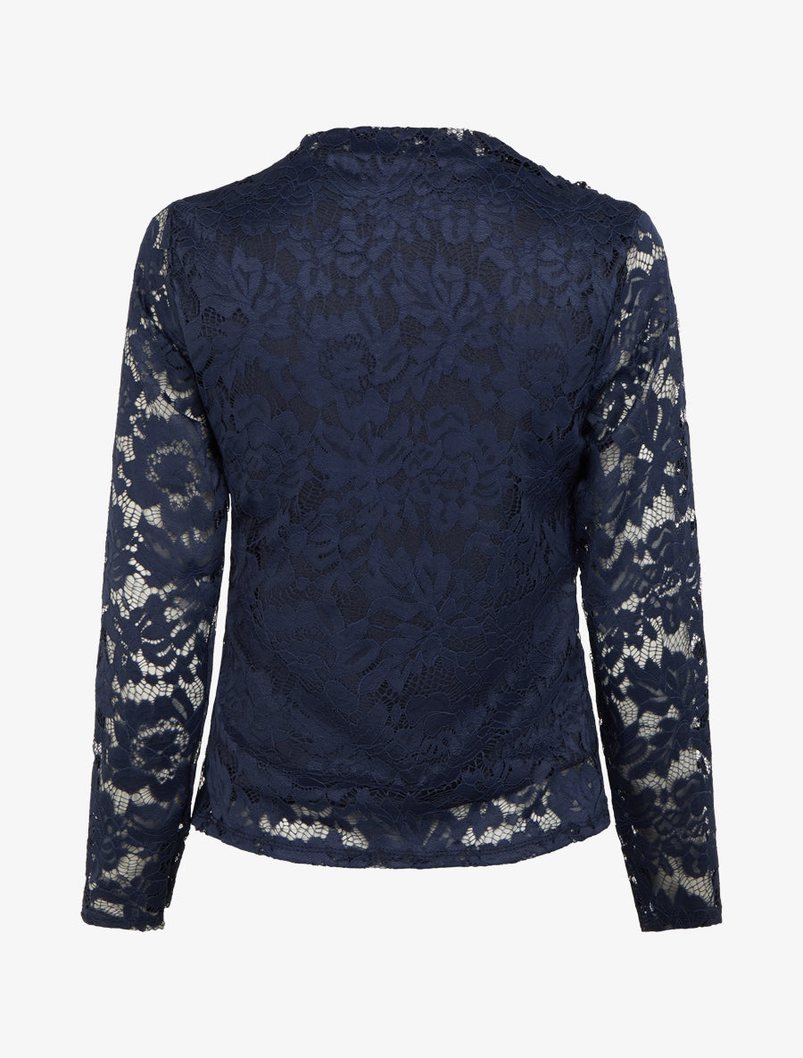 Top en dentelle drapé à manches longues - Marine - 2