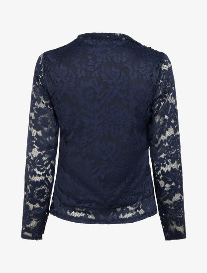 Top en dentelle drapé à manches longues - Marine - 2